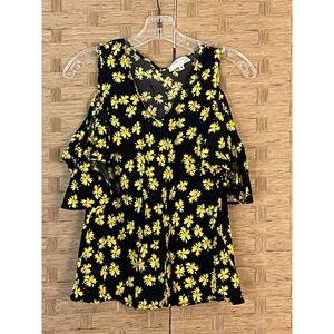 Derek Lam Collective Navy Yellow Floral Cold Shoulder Blouse Women's 36 US Sz 4